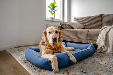 Golden Retriever Dog Resting On Its Bed In The Living Roomの写真素材