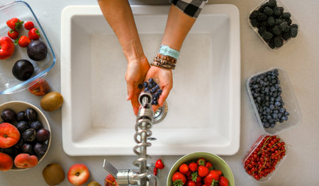Hands Close-Up Washing Blueberries Over Sink Top View