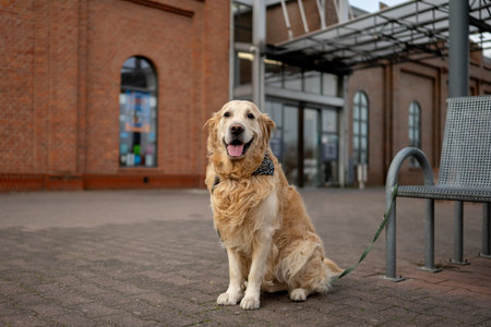 Golden Retriever Sitting By Store Waiting For Owner