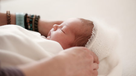 Mom Hands Gently Dress Newborn In Soft White Outfit While Baby Lies On Bed. Sweet Expression Shows...