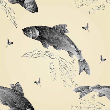 Seamless texture Trout jumps  in stream salmon-predatory fish as wrought metal vintage vector illustrationのイラスト素材