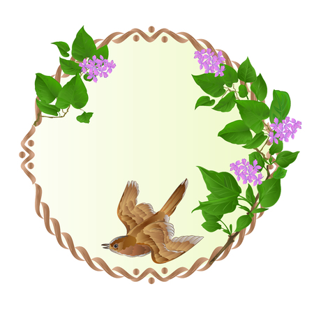 Floral round  frame with Purple Lilac   and cute small singing bird vintage  festive  background vector illustration editable hand drawのイラスト素材