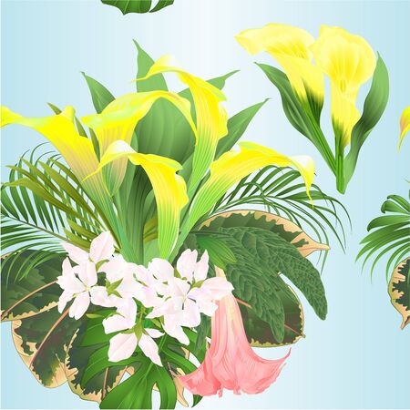 Seamless texture  bouquet with tropical flowers  floral arrangement, with   yellow lilies Cala and Brugmansia  palm,philodendron watercolor vintage vector illustration  editable hand drawのイラスト素材