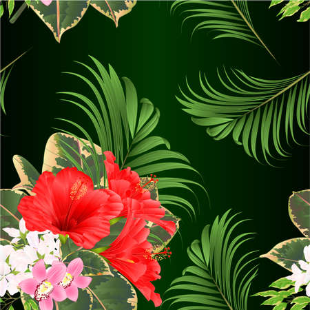 Seamless texture bouquet with tropical flowers floral arrangement, with beautiful red hibiscus and pink orchids cymbidium Ficus benjamina and ficus natural background vintage vector illustration  editable hand drawのイラスト素材