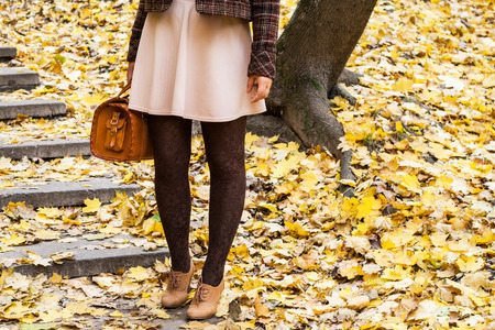 Women's feet are on the stairs in the park with golden autumn leaves.の写真素材