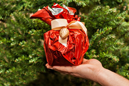 hand gift on the background of Christmas tree.の写真素材
