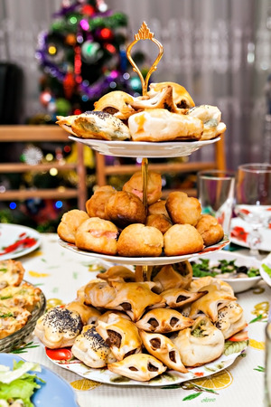 delicious layered snacks on a festive Christmas table.の写真素材