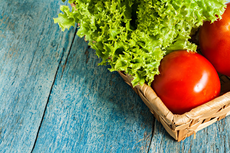 Fresh green salad lola rossa and tomatoes on blue wooden background.の写真素材