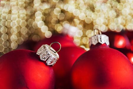 close-up of Christmas balls on the background of Christmas lights.の写真素材
