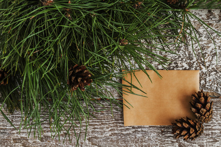 pine branches and cones, a top view of a blank card.