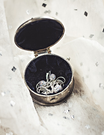 vintage metal forged round box with jewelery.の写真素材
