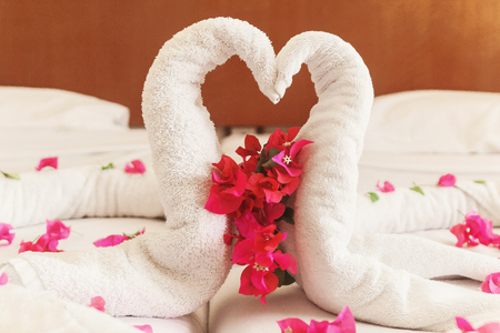 of white towels twisted swans and heartsl.の写真素材