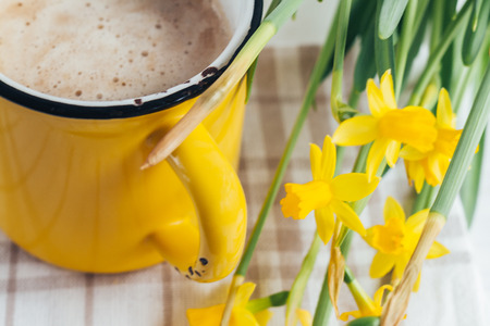 Spring flowers daffodils with a cup of coffee, cappuccino, close-upの写真素材