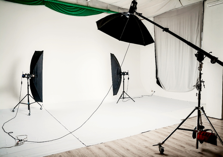 Empty a photo studio with lighting equipment.の写真素材