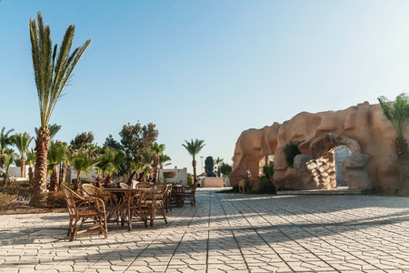 Hurghada, Egypt - October 9, 2016: View of the hotel grounds, a restaurant and an amphitheater.のeditorial素材