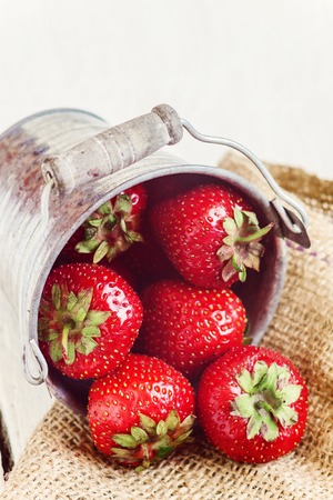 Fresh juicy strawberry poured from a bucket on a white background, close-up.の写真素材