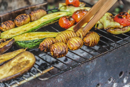 Assorted grilled vegetables.Chef cooking vegetables.top view close up.の写真素材