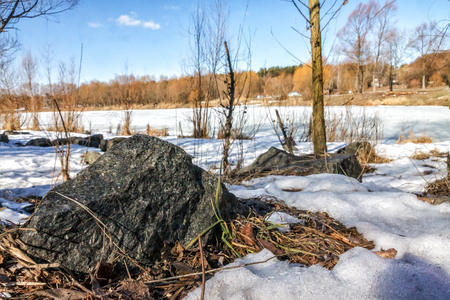 Winter sunny landscape, view of the lake in the forest in Ukraineの写真素材
