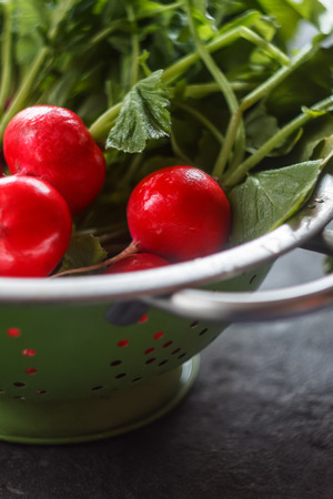 Fresh juicy red radish washed in a colander on a dark backgroundの写真素材