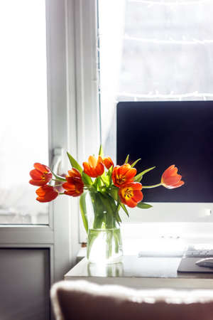 Red tulips in a vase stand near a computer monitor. The concept of spring decor on the desktop in your home officeの写真素材