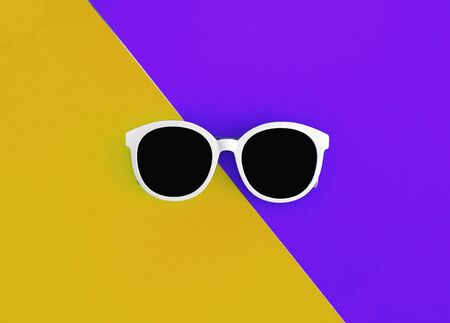 Sunny stylish white sunglasses on a bright purple-lilac and yellow-orange background, top view, isolated. Copy space. Flat lay.の写真素材