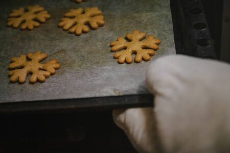 to get gingerbread cookies in the form of snowflakes from a oven mittの写真素材