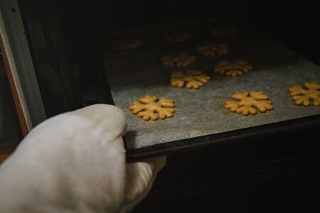to get gingerbread cookies in the form of snowflakes from a oven mittの写真素材