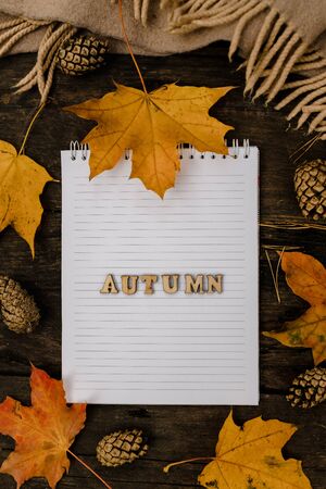 White blank notebook and pen with wooden letters the word autumn on a dark background with a scarf, plaid and a cup, autumn yellow leaves and pine cones around. View from above. flat lay, in blur. Copy spaceの写真素材