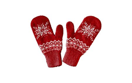 pair of reds knitted mittens with christmas pattern isolated on white background. Collage of different mittens.の写真素材