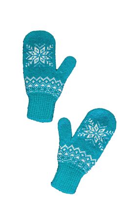 pair of blue knitted mittens with christmas pattern isolated on white background. Collage of different mittens.の写真素材
