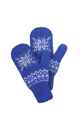 pair of blue knitted mittens with christmas pattern isolated on white background. Collage of different mittens.の写真素材