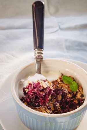 baked oat-blueberry crumble with mint in a white and blue plate on a rustic linen tablecloth. Save the space, top view. The concept of healthy proper nutrition for breakfast, vegetarianismの写真素材