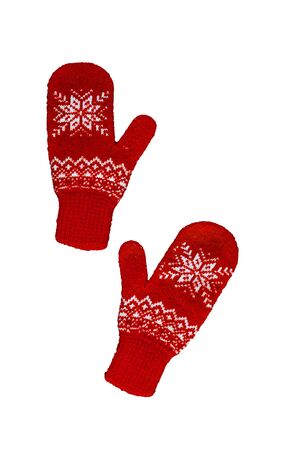 pair of reds knitted mittens with christmas pattern isolated on white background. Collage of different mittens.の写真素材