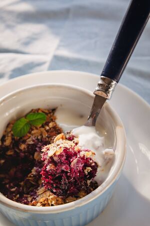 baked oat-blueberry crumble with mint in a white and blue plate on a rustic linen tablecloth. Save the space, top view. The concept of healthy proper nutrition for breakfast, vegetarianismの写真素材