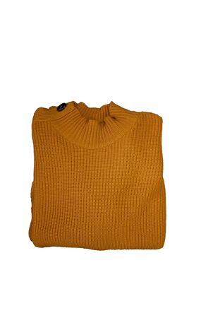 top view of knitted yellow sweater, isolated on white.の写真素材