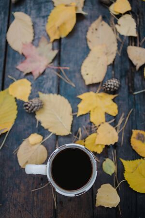 On a old wooden table in the autumn park is a cup with tea and coffee, scattered yellow leaves and pine cones. Top view, in blur. Autumn warm dark mood, soft focusの写真素材