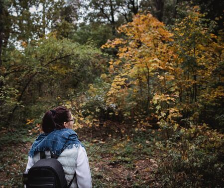 Hiking woman at autumn forest. Backpacker standing in woodland during fall season. Enjoying hike in nature at sunny day.の写真素材