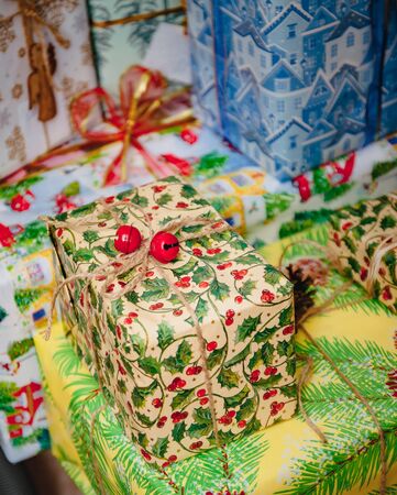 Festively wrapped Christmas presents. Close-upの写真素材