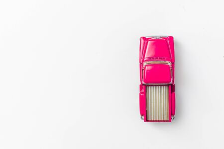 Pink Raspberry Retro pickup car on a white isolated background. Top view with copy space. Flat lay.の写真素材