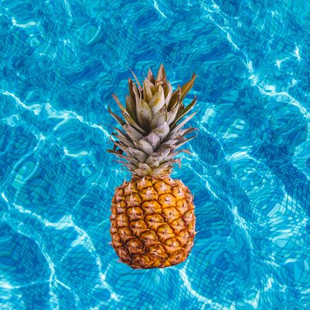 Juicy ripe pineapple fruit swims with a wine pool. Top view with copy spaceの写真素材