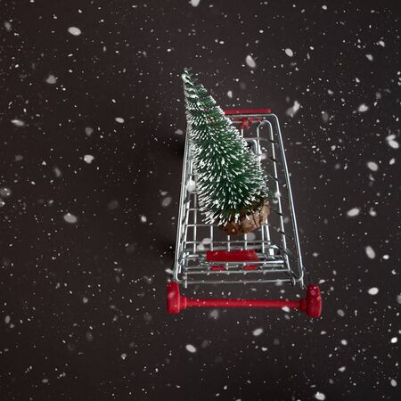 Top view of a grocery cart with snowy Christmas trees on a dark snowy background with copy space for text. The apartment was lying. Winter, postcard templateの写真素材