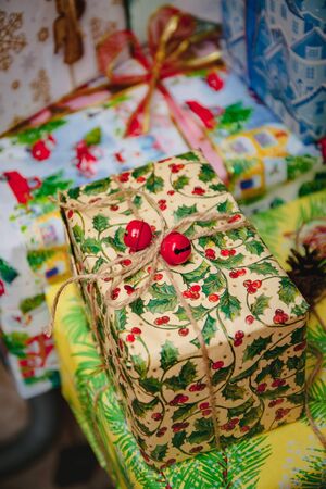 Festively wrapped Christmas presents. Close-upの写真素材