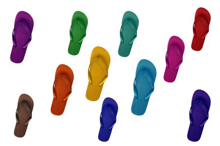 Many multi-colored flip flops isolated on white backgroundの写真素材