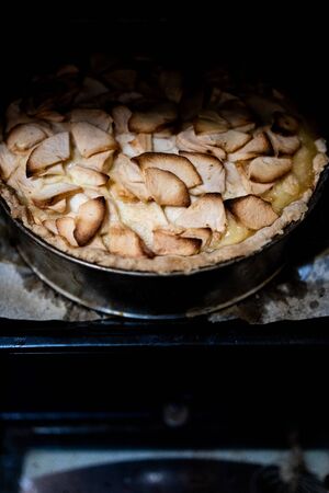Home baking apple Tsvetaevsky aspic open pie in the oven, close-up. Baking concept. Family dinner. Dark background.の写真素材