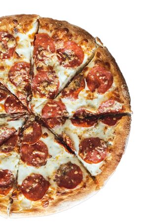 Pizza pepperoni cut into pieces insulated on a white backgroundの写真素材