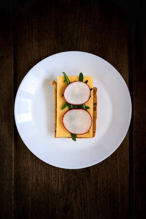 Sandwich made from rye bread, hard cheese, radish, arugula, served on a white plate against a dark wooden background. Symmetry. Copy space. Flat lay, top view. Close-upの写真素材