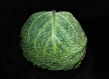 Savoy cabbage on a dark background close-up. Leaf, agriculture.の写真素材
