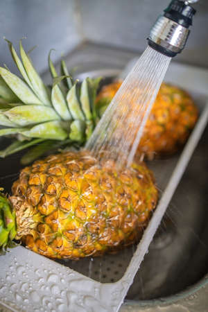 two ripe and juicy pineapples are washed under the tap in the sinkの写真素材