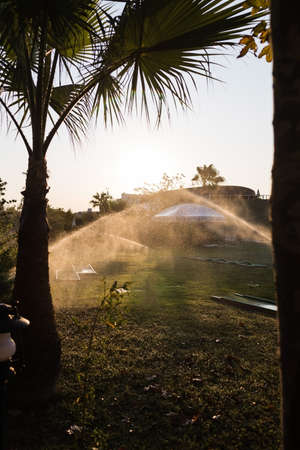 Turkey Alanya, 20 October 2019: A beautiful green lawn park with trees and a golf course is sprayed with an automatic water sprinkler during the hot season at sunriseの写真素材