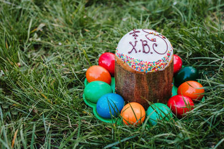 painted and decorative Easter cake and eggs in the grass. Top view, copy spaceの写真素材